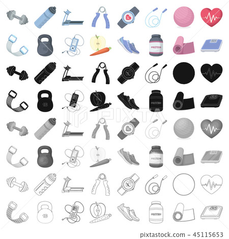 Jump rope, ball, scales other items for health.Gym And Workout set collection icons in cartoon style Jump rope, ball, scales other items for health.Gym And Workout set collection icons in cartoon style 45115653