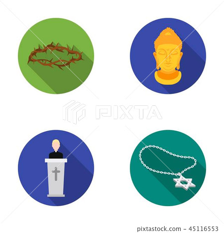 A crown of thorns, a star of David, a priest, a buddha's head. Religion set collection icons in flat 45116553