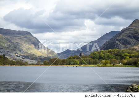Reflections at Llyn Padarn with Dolbadarn Castle at Llanberis in Snowdonia National Park in Reflections at Llyn Padarn with Dolbadarn Castle at Llanberis in Snowdonia National Park in 45116762