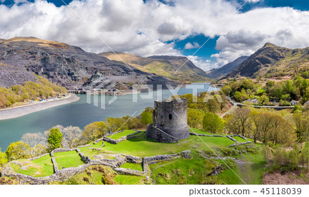 Aerial of Dolbadarn Castle at Llanberis in Snowdonia National Park in Wales 45118039