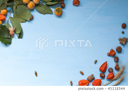 autumn yellow and Red leaves and fruits on a grey background autumn yellow and Red leaves and fruits on a grey background 45118344