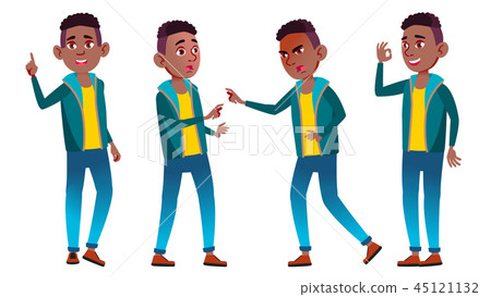 Boy Schoolboy Kid Poses Set Vector. Black. Afro American. High School Child. Teaching, Educate Boy Schoolboy Kid Poses Set Vector. Black. Afro American. High School Child. Teaching, Educate 45121132