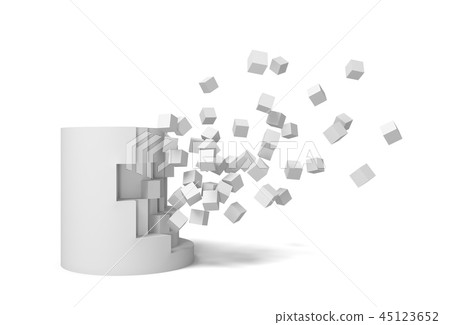 3d rendering of a solid cylinder getting destroyed with pieces lying nearby. 45123652