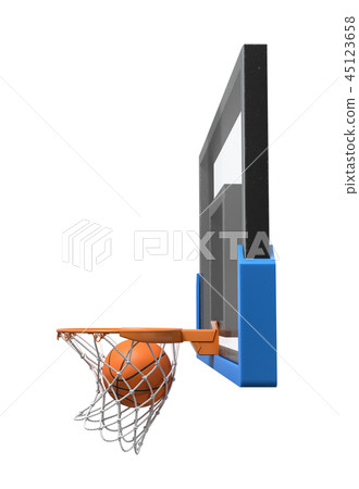 3d rendering of a basketball ball falling inside a basket attached to a transparent backboard. 3d rendering of a basketball ball falling inside a basket attached to a transparent backboard. 45123658