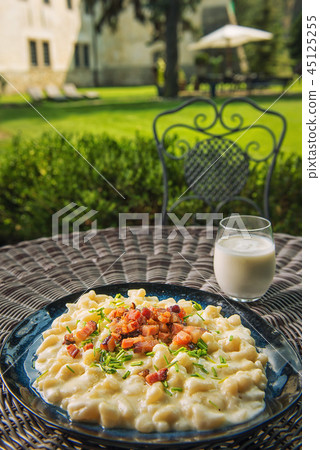 potato dumplings with sheep cheese and bacon potato dumplings with sheep cheese and bacon 45125255