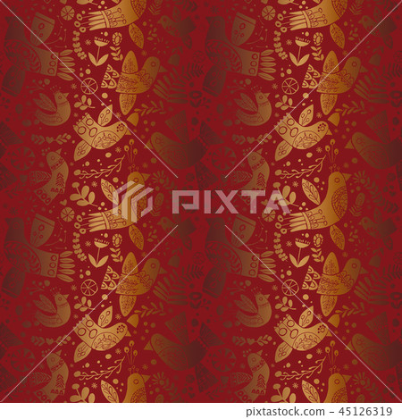 Vector golden christmas folk birds seamless pattern. Vector golden christmas folk birds seamless pattern. 45126319