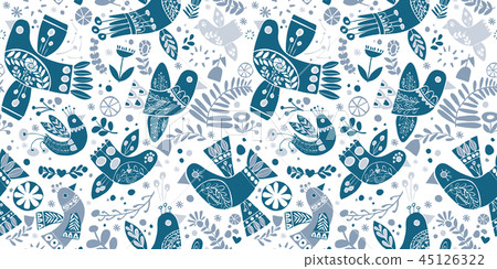 Vector folk christmas blue birds seamless pattern. 45126322