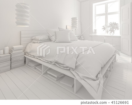 White Bedroom interior design 3D rendering - Stock Illustration ...