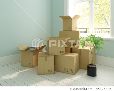 Interior with cardboard boxes for relocation 45126826