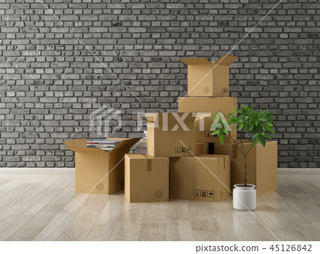 Interior with cardboard boxes for relocation Interior with cardboard boxes for relocation 45126842