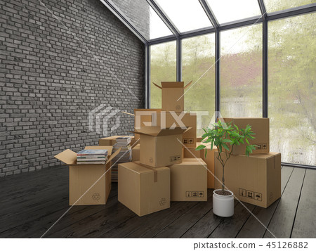 Interior with cardboard boxes for relocation Interior with cardboard boxes for relocation 45126882
