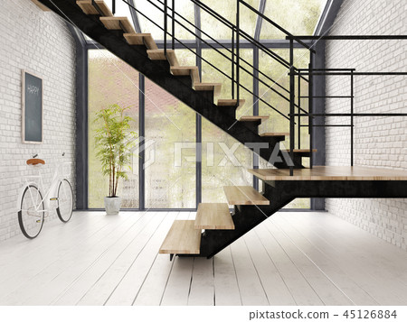 Loft style interior design 3D rendering Loft style interior design 3D rendering 45126884