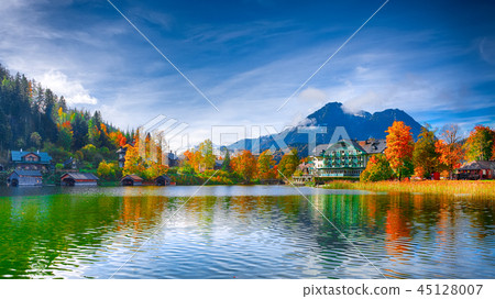 Picturesque autumn scene of Altausseer See lake 45128007
