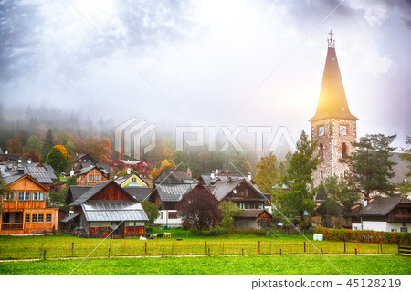 Sunny morning view of Altaussee village. Sunny morning view of Altaussee village. 45128219