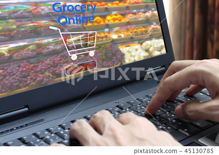 Hand use laptop computer with grocery online 45130785