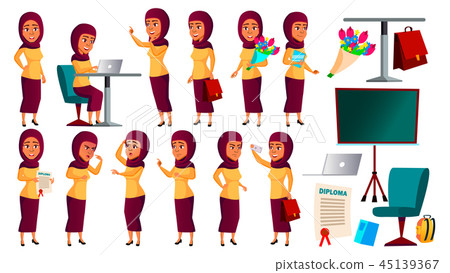 Teen Girl Poses Set Vector. Arab, Muslim. Fun, Cheerful. For Web, Poster, Booklet Design. Isolated Teen Girl Poses Set Vector. Arab, Muslim. Fun, Cheerful. For Web, Poster, Booklet Design. Isolated 45139367