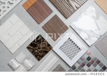 samples of material, wood , on concrete table. samples of material, wood , on concrete table. 45143323