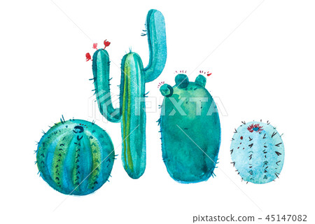 Watercolor hand drawn spiky cactus bloom flower. 45147082