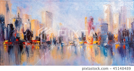 Skyline city view with reflections on water. Skyline city view with reflections on water. 45148489