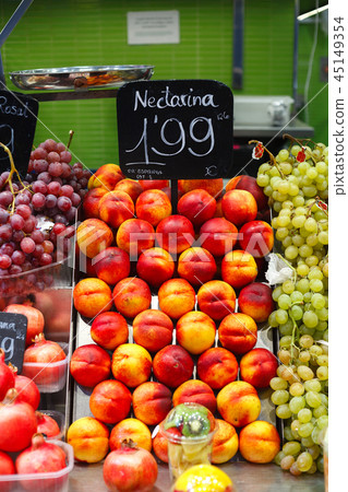 Barcelona. Sale of nectarinesin La Boqueria market Barcelona. Sale of nectarinesin La Boqueria market 45149354