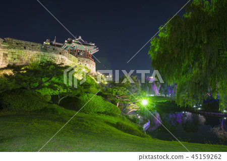 Suwon Hwaseong palace night view light walkway 45159262