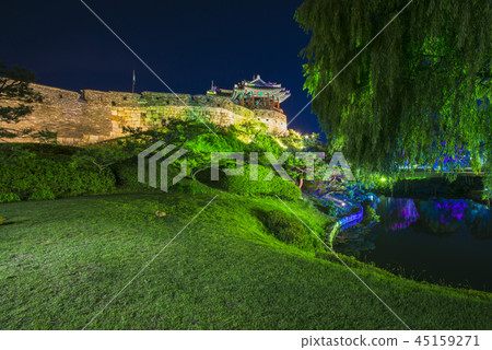 Suwon Hwaseong palace night view light walkway 45159271