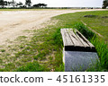 Grass and sandy beach and bench 45161335