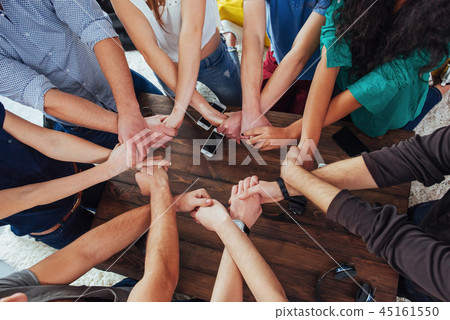 Group of Diverse Hands Together Joining. Concept  teamwork and friendship 45161550