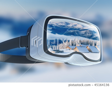 Virtual reality headset, double exposure, Winter mountains majestic landscape 45164136