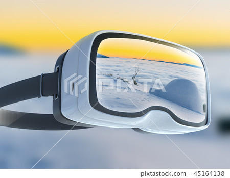 Virtual reality headset, double exposure, Winter mountains majestic landscape 45164138