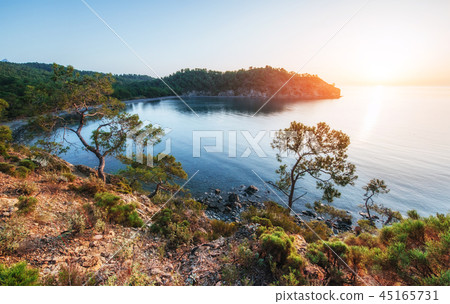 blue sea wave of mediterranean  on turkish coast in the eveni 45165731