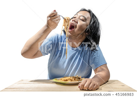 Asian fat man eating fast food spaghetti Asian fat man eating fast food spaghetti 45166983