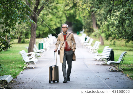 Mature businessman with suitcase walking in a park in a city. 45168003