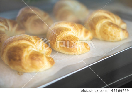 Closeup croissant homemade bakery in the oven Closeup croissant homemade bakery in the oven 45169789