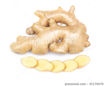 Fresh ginger root with sliced on white background Fresh ginger root with sliced on white background 45170079