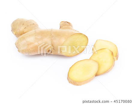 Fresh ginger root with sliced on white background Fresh ginger root with sliced on white background 45170080