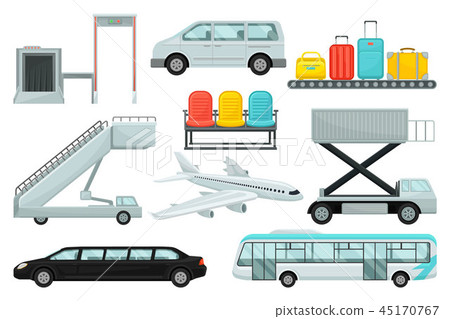 Flat vector set of airport elements. Transport, boarding stairs, carousel with suitcases, chairs 45170767