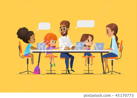 Happy children, tutor and teacher sitting at laptops and learning programming during school lesson Happy children, tutor and teacher sitting at laptops and learning programming during school lesson 45170773