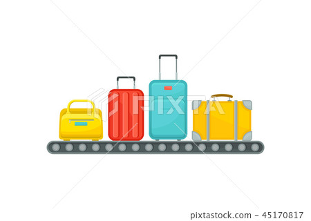 Airport conveyor belt with suitcases. Baggage reclaim area. Travel bags. Carousel with luggage of 45170817