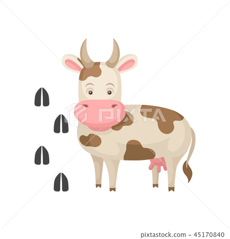 Funny cow and her footprints tracks. Big farm animal with horns. Domestic creature. Flat vector Funny cow and her footprints tracks. Big farm animal with horns. Domestic creature. Flat vector 45170840