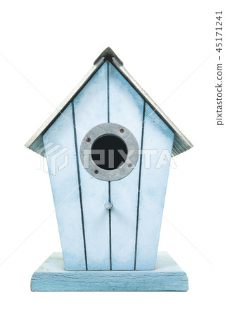 Blue wooden bird house on a white background 45171241