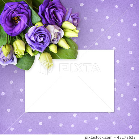 Purple background with lisianthus flowers and card Purple background with lisianthus flowers and card 45172622