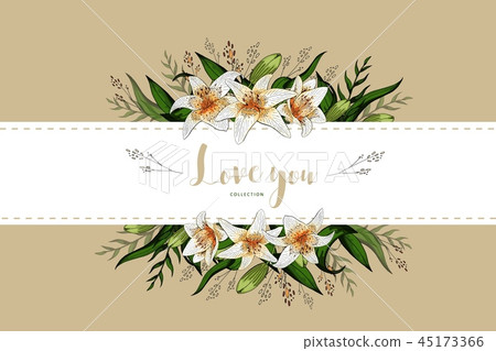 Wedding invitation card floral lily bouquet and lettering Wedding invitation card floral lily bouquet and lettering 45173366