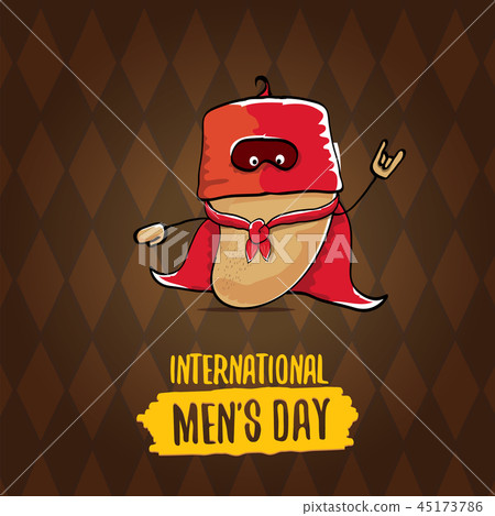International mens day vector cartoon greeting card with funny cartoon cute brown super hero potato International mens day vector cartoon greeting card with funny cartoon cute brown super hero potato 45173786