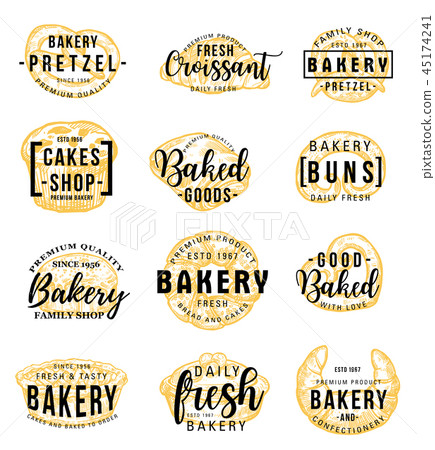 Bakery shop icons with lettering, pastry food 45174241