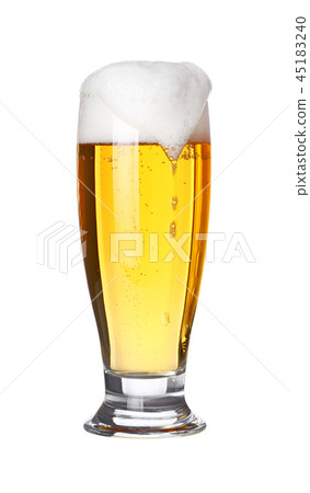 Close up one frothy beer glass isolated on white 45183240