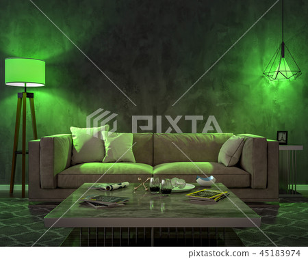 Night Interior With Green Colored Lights Stock