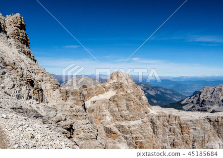 View of the mountain peaks Brenta Dolomites. View of the mountain peaks Brenta Dolomites. 45185684