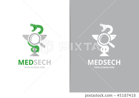 Vector medicine and loupe logo combination. Pharmacy and magnifying symbol or icon. Unique ambulance 45187418