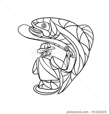 Fly Fisherman Catching Trout Mosaic Black andWhite 45192028